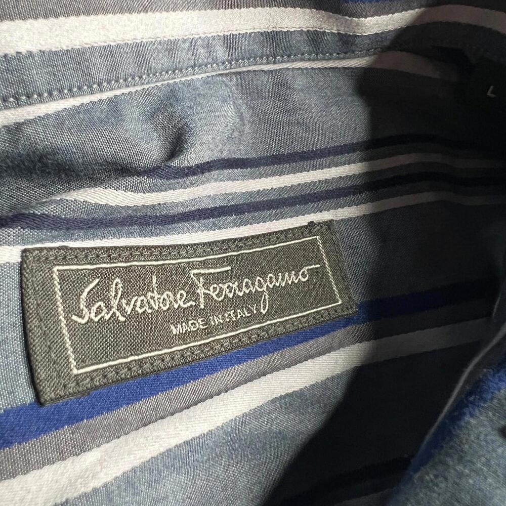Salvatore Ferragamo Striped Button Up Shirt Blue White Cotton Made in Italy L - Picture 4 of 8